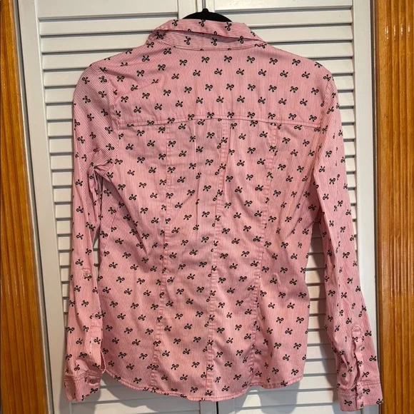 New York & Company Pink Striped Shirt with Black Bow Design - Picture 3 of 3